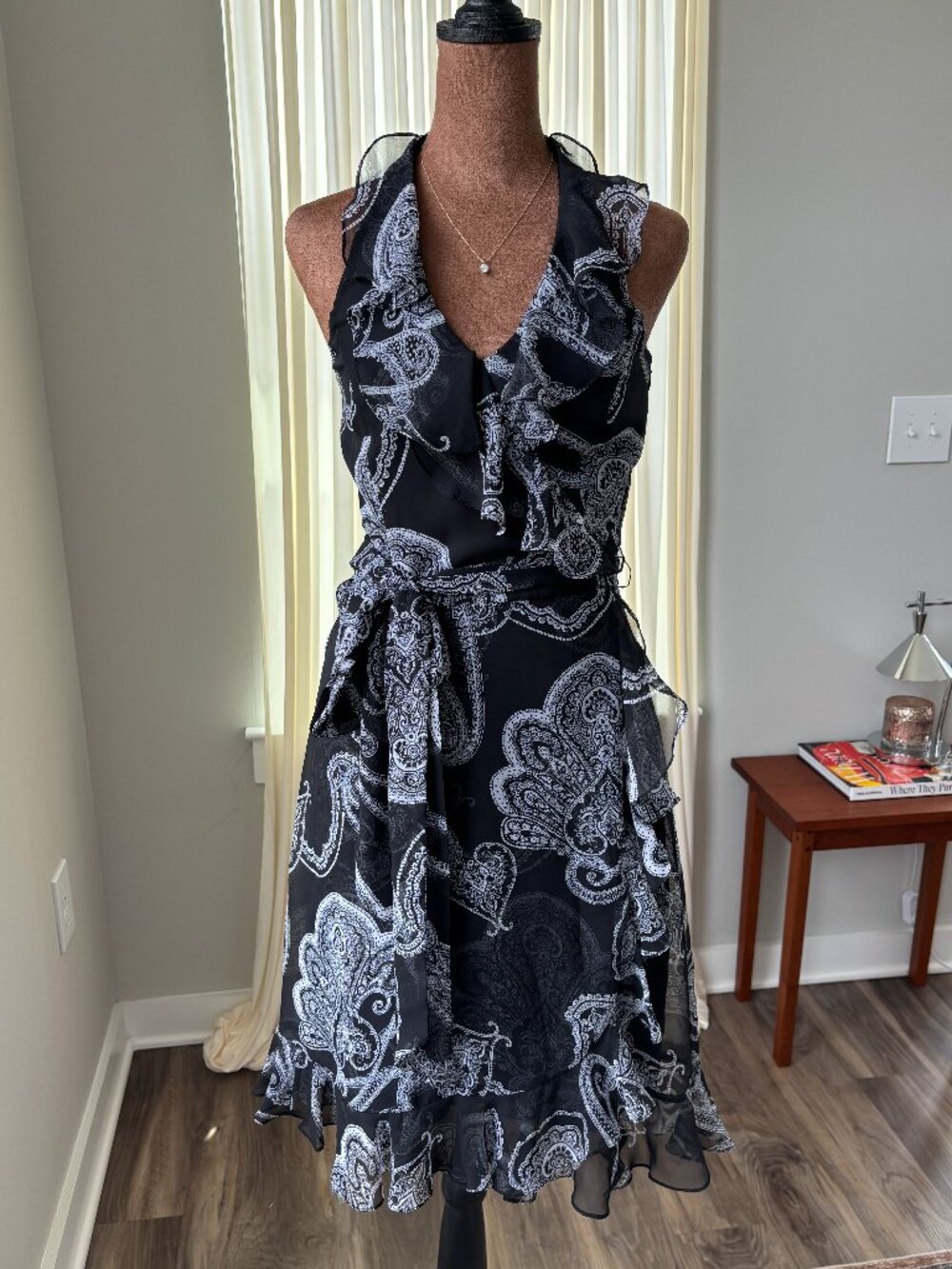 Y2K Vintage White House Black Market Halter Midi Dress Boho Ruffle Fairy Size 0